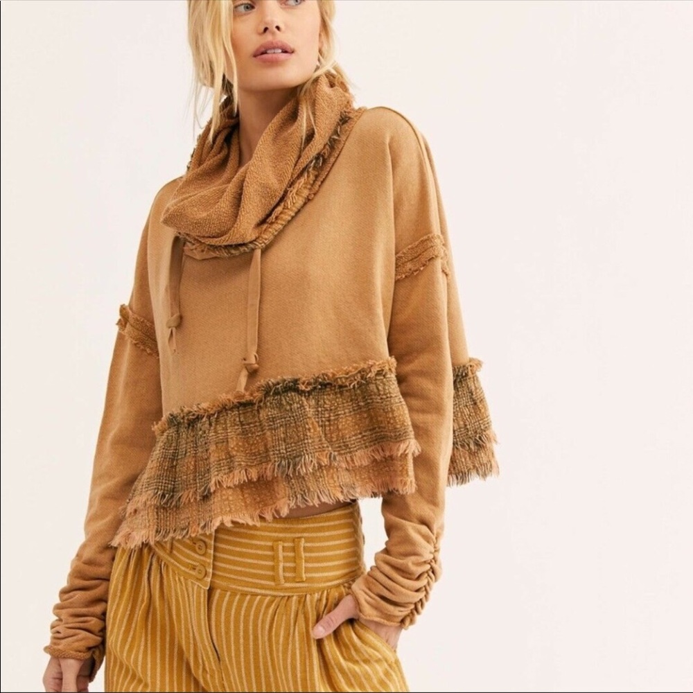 Free People Tan Fringe Cowl-Neck Hoodie